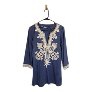 Theme Blue Embroidered Tunic Top Boho Cottagecore Coastal Grandma Small Global